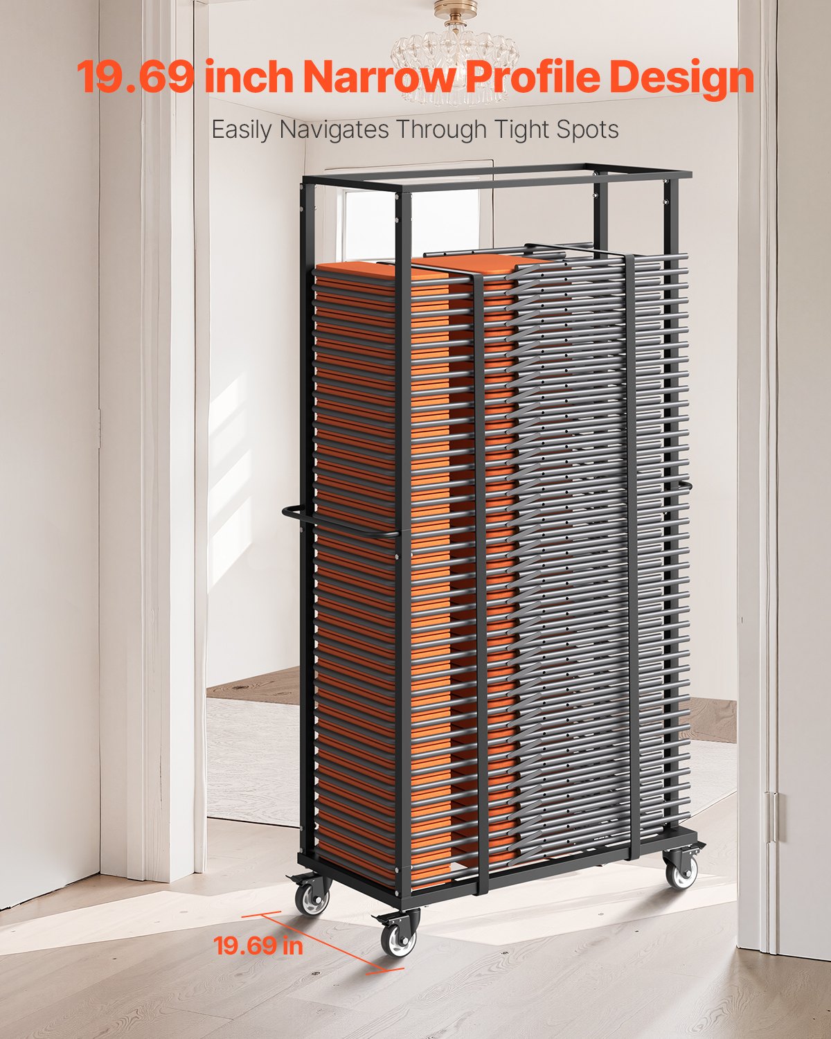 Klappbarer Stuhlwagen, Tragkraft 227 kg, robuster Stuhlwagen für 60 Stühle, Stuhltransportwagen aus Metall mit Schwenk- und Feststellrollen, für Partys, Veranstaltungen und Hotels, matt schwarz