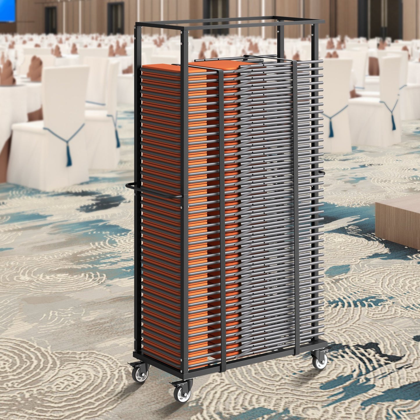 Klappbarer Stuhlwagen, Tragkraft 227 kg, robuster Stuhlwagen für 60 Stühle, Stuhltransportwagen aus Metall mit Schwenk- und Feststellrollen, für Partys, Veranstaltungen und Hotels, matt schwarz
