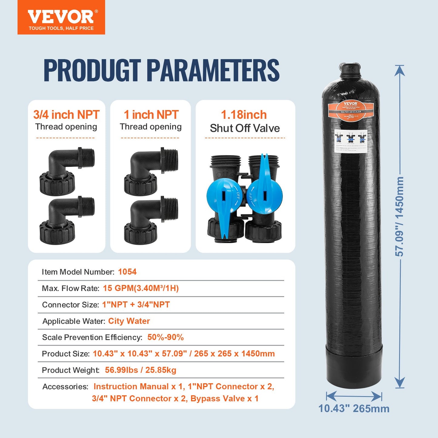 Entkalker für das ganze Haus, salzfrei, Wasserfilter für Stadtwasser, 1100.000 Gallonen (ca. 416.000 Liter) Entkalker für alle Arten von Wasserleitungen, 1" BSPT &amp; 3/4" BSPT, für 5-8 Personen-Familien