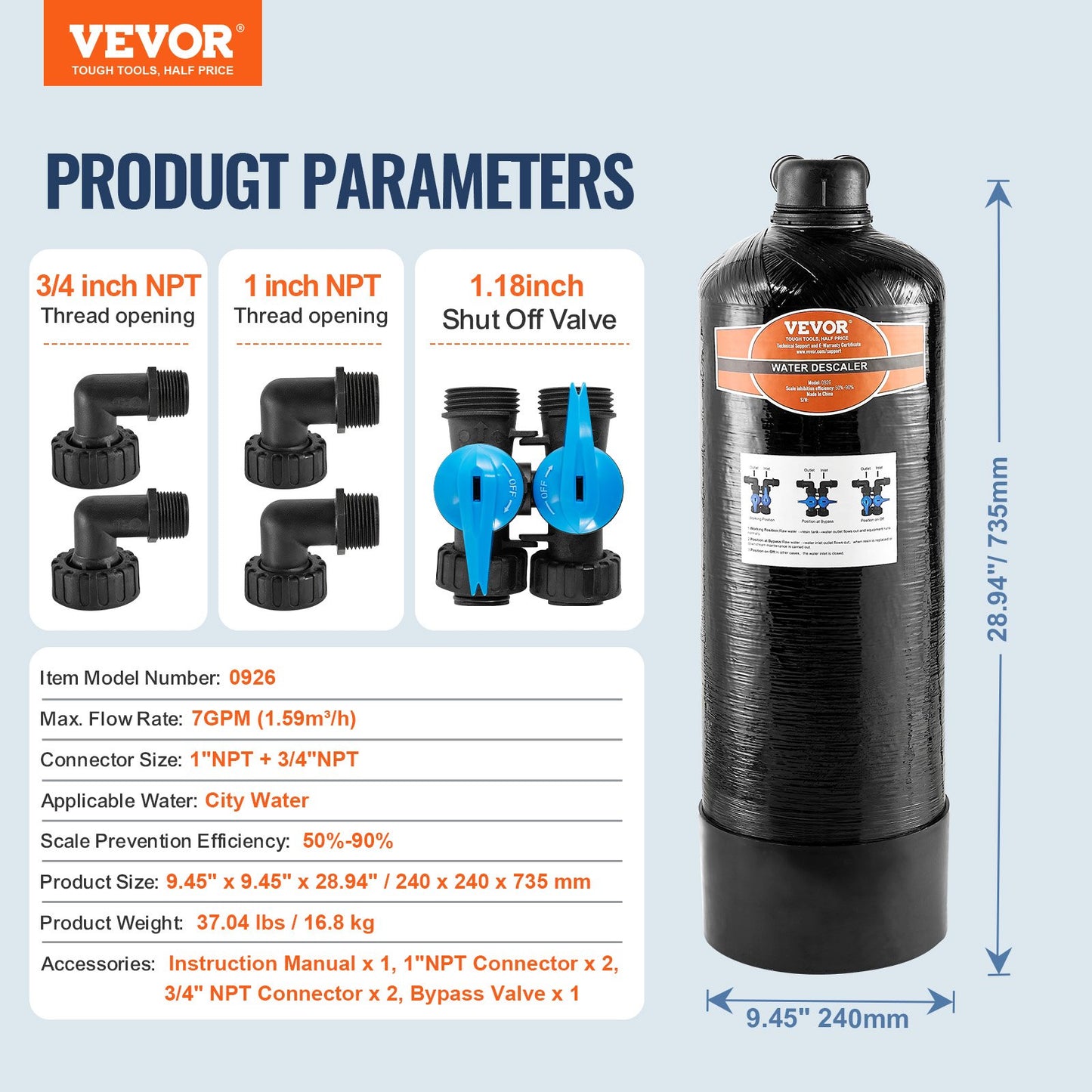 Entkalker für das ganze Haus, salzfrei, Wasserfilter für Stadtwasser, 580.000 Gallonen (ca. 2193.000 Liter) Entkalker für alle Arten von Wasserleitungen, 1" BSPT &amp; 3/4" BSPT, für 2-3 Personen-Familien