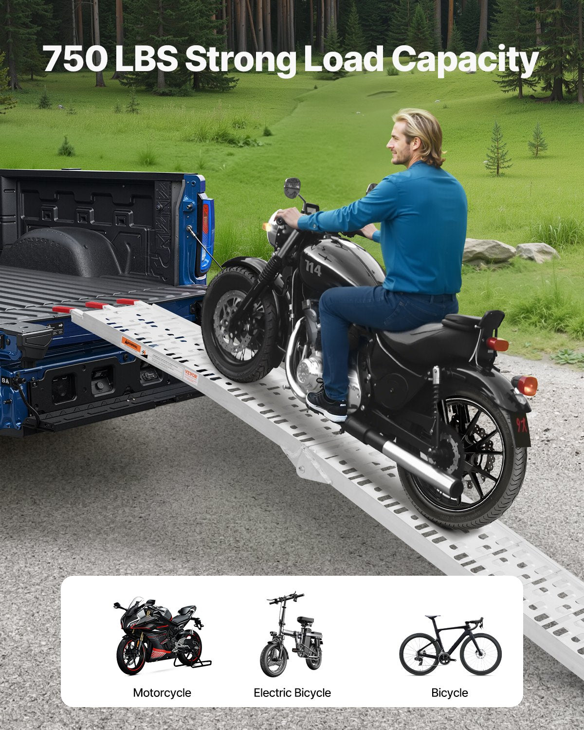 Aluminum Ramps, 750 lbs, 1Pcs Heavy-duty Ramps with Wider Ramp Surface, Universal Stable Loading Ramp with Handles, Fit for Motorcycle, Electric Bicycle, Bicycle, etc.