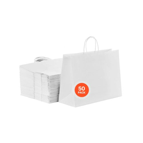 Kraftpapiertüten mit Henkeln, 50 Stück, 40,6 x 15,2 x 30,5 cm, große Papiertüten für Einkäufe, wiederverwendbare und recycelte Mitnahmetüten, schlichte Partytüten in großen Mengen für Geburtstage, Hochzeiten, Firmenveranstaltungen, Geschenktüten, weiß