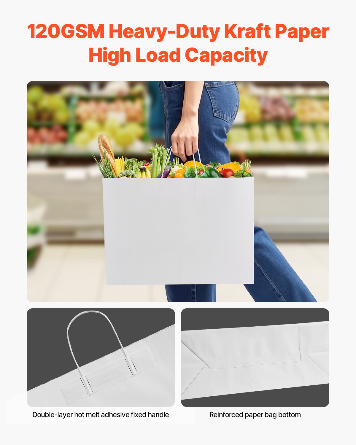 Kraftpapiertüten mit Henkeln, 50 Stück, 40,6 x 15,2 x 30,5 cm, große Papiertüten für Einkäufe, wiederverwendbare und recycelte Mitnahmetüten, schlichte Partytüten in großen Mengen für Geburtstage, Hochzeiten, Firmenveranstaltungen, Geschenktüten, weiß