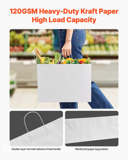 Kraftpapiertüten mit Henkeln, 50 Stück, 40,6 x 15,2 x 30,5 cm, große Papiertüten für Einkäufe, wiederverwendbare und recycelte Mitnahmetüten, schlichte Partytüten in großen Mengen für Geburtstage, Hochzeiten, Firmenveranstaltungen, Geschenktüten, weiß