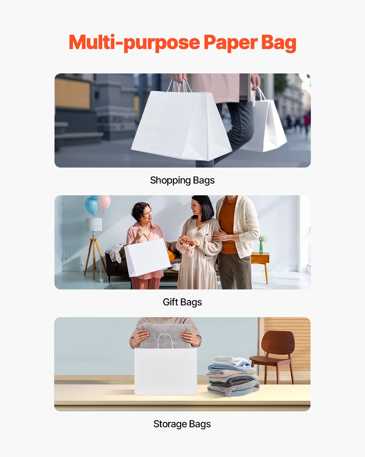 Kraftpapiertüten mit Henkeln, 50 Stück, 40,6 x 15,2 x 30,5 cm, große Papiertüten für Einkäufe, wiederverwendbare und recycelte Mitnahmetüten, schlichte Partytüten in großen Mengen für Geburtstage, Hochzeiten, Firmenveranstaltungen, Geschenktüten, weiß