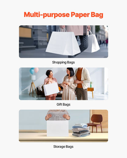 Kraftpapiertüten mit Henkeln, 50 Stück, 40,6 x 15,2 x 30,5 cm, große Papiertüten für Einkäufe, wiederverwendbare und recycelte Mitnahmetüten, schlichte Partytüten in großen Mengen für Geburtstage, Hochzeiten, Firmenveranstaltungen, Geschenktüten, weiß