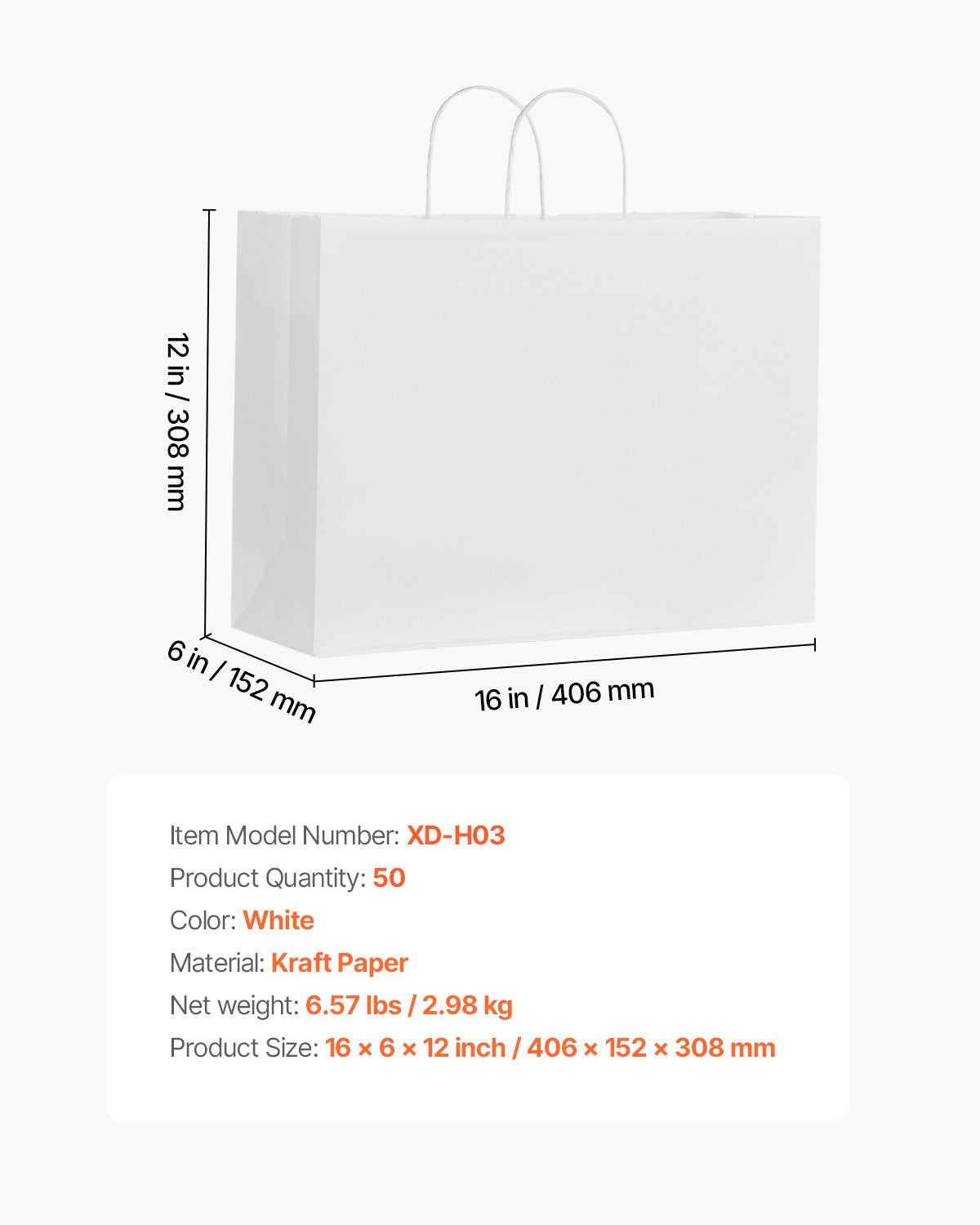 Kraftpapiertüten mit Henkeln, 50 Stück, 40,6 x 15,2 x 30,5 cm, große Papiertüten für Einkäufe, wiederverwendbare und recycelte Mitnahmetüten, schlichte Partytüten in großen Mengen für Geburtstage, Hochzeiten, Firmenveranstaltungen, Geschenktüten, weiß