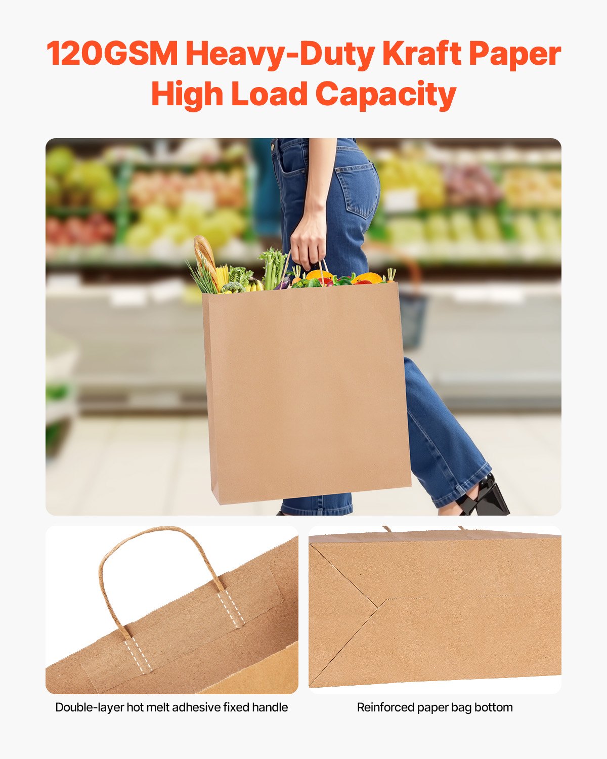 Kraftpapiertüten mit Henkeln, 100 Stück, 45,7 x 17,8 x 48,3 cm, große Papiertüten für Einkäufe, wiederverwendbar und 100 % recycelt, einfarbige Partytüten in großen Mengen für Geburtstage, Hochzeiten, Firmenveranstaltungen, Mitgebsel, braun