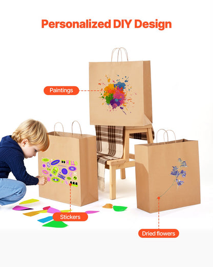 Kraftpapiertüten mit Henkeln, 100 Stück, 45,7 x 17,8 x 48,3 cm, große Papiertüten für Einkäufe, wiederverwendbar und 100 % recycelt, einfarbige Partytüten in großen Mengen für Geburtstage, Hochzeiten, Firmenveranstaltungen, Mitgebsel, braun