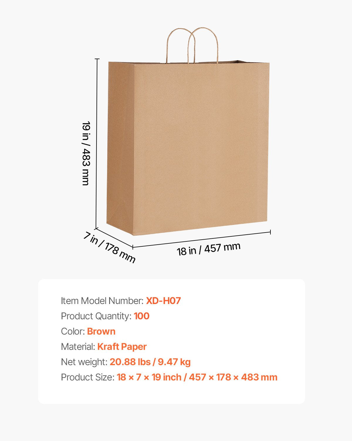 Kraftpapiertüten mit Henkeln, 100 Stück, 45,7 x 17,8 x 48,3 cm, große Papiertüten für Einkäufe, wiederverwendbar und 100 % recycelt, einfarbige Partytüten in großen Mengen für Geburtstage, Hochzeiten, Firmenveranstaltungen, Mitgebsel, braun