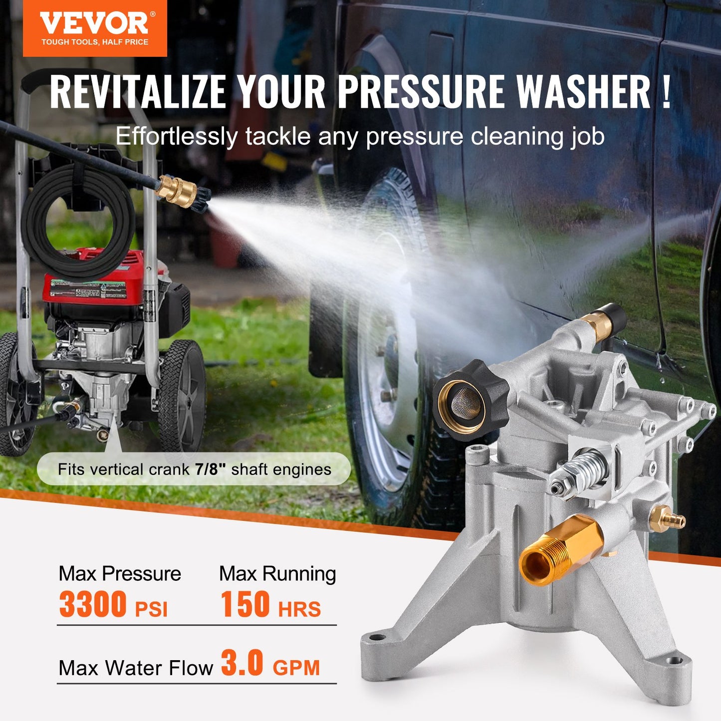 Pressure Washer Pump, 22mm(7/8") Shaft Vertical, 227 bar(3300 PSI), 11 L/min(3.0GPM), Replacement Power Washer Pumps Kit with 5 Nozzles, Hardware and Siphon Tube, Compatible with RYOBI, Honda, Briggs and Stratton