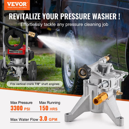 Pressure Washer Pump, 22mm(7/8") Shaft Vertical, 227 bar(3300 PSI), 11 L/min(3.0GPM), Replacement Power Washer Pumps Kit with 5 Nozzles, Hardware and Siphon Tube, Compatible with RYOBI, Honda, Briggs and Stratton
