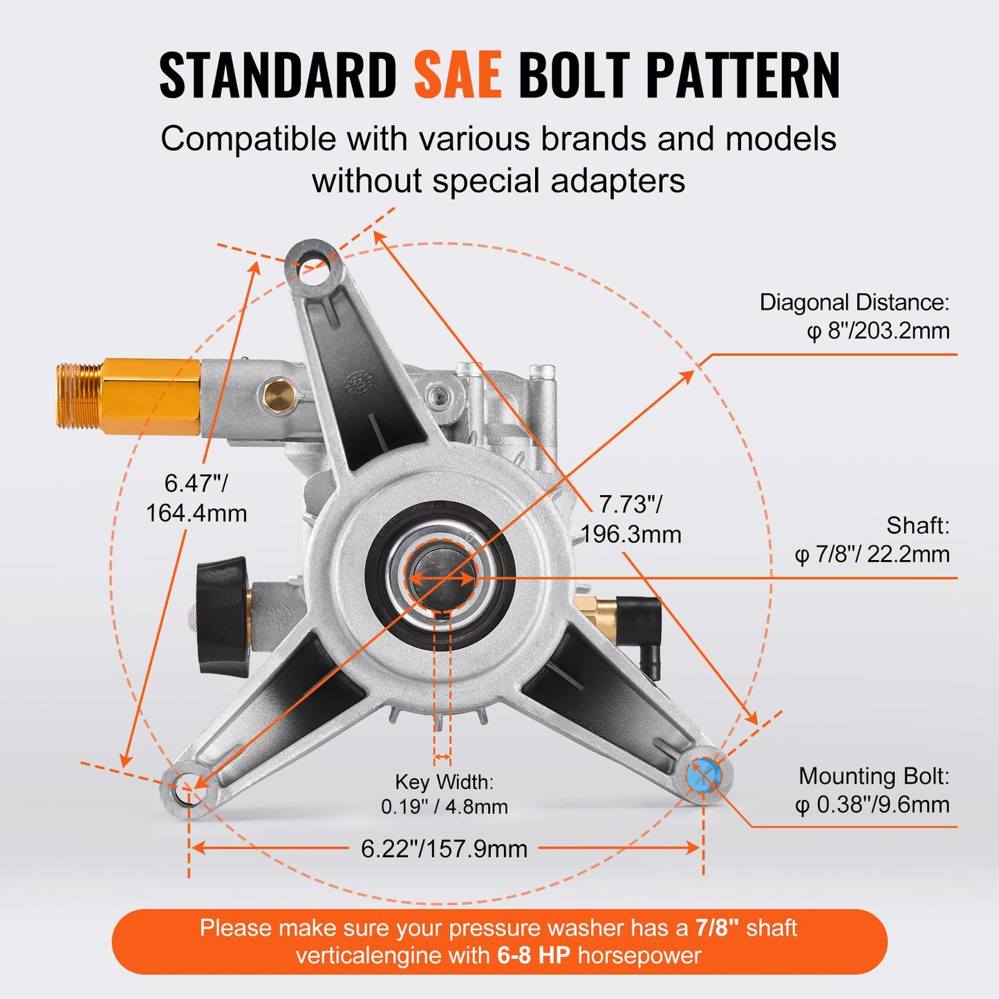 Pressure Washer Pump, 22mm(7/8") Shaft Vertical, 227 bar(3300 PSI), 11 L/min(3.0GPM), Replacement Power Washer Pumps Kit with 5 Nozzles, Hardware and Siphon Tube, Compatible with RYOBI, Honda, Briggs and Stratton
