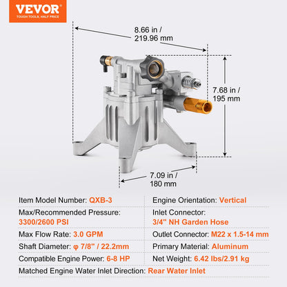 Pressure Washer Pump, 22mm(7/8") Shaft Vertical, 227 bar(3300 PSI), 11 L/min(3.0GPM), Replacement Power Washer Pumps Kit with 5 Nozzles, Hardware and Siphon Tube, Compatible with RYOBI, Honda, Briggs and Stratton