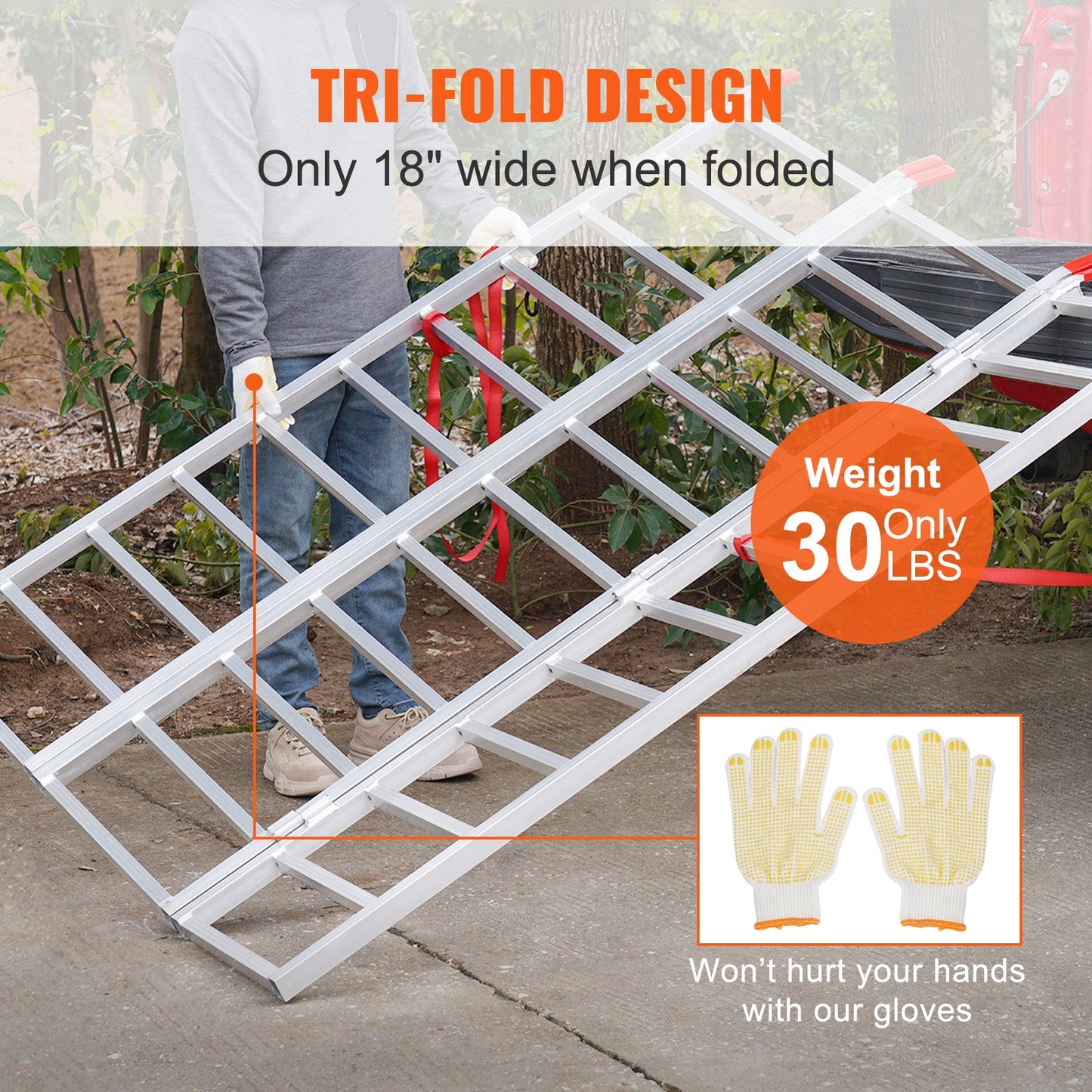Aluminum Ramps, 1500 lbs, Tri-Fold Ramp with Load Straps, Folding Loading Ramp for Motorcycle, Tractor, ATV/UTV, Trucks, Lawn Mower, Snow Blower, 77"L x 54"W, 1 Pc