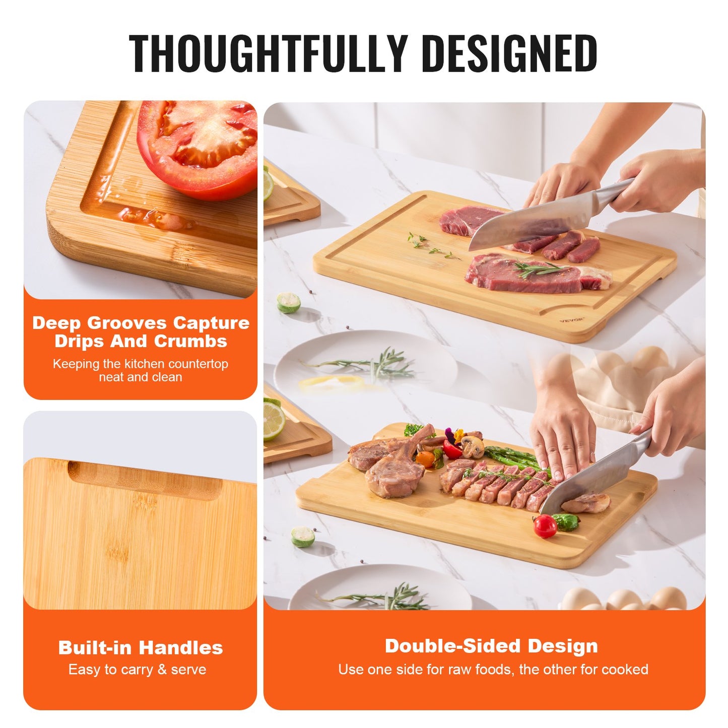 Cutting Board, 3 Pieces, Premium Versatile Bamboo Cutting Board with Food-Grade Oil and Juice Groove,Sturdy & Durable Chopping Board with Built-in Handle, Fit for Display, Chopping & Serving