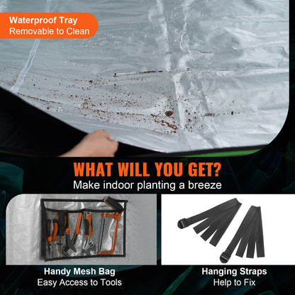 10x10 Growzelt, 120'' x 120'' x 80'', hochreflektierendes 600D Mylar Hydroponik-Zelt mit Sichtfenster, Werkzeugtasche und Bodenwanne für den Anbau von Zimmerpflanzen